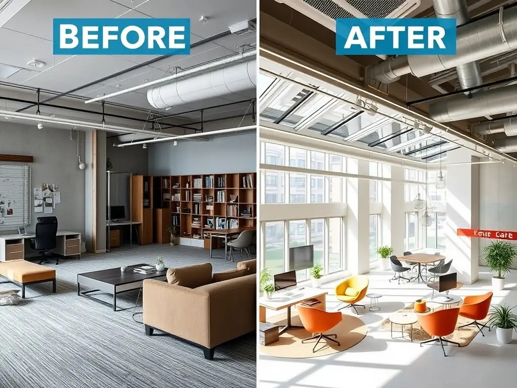A before-and-after shot of a commercial office space, showcasing Capital Renovations LLC's ability to transform outdated spaces into modern, collaborative environments.